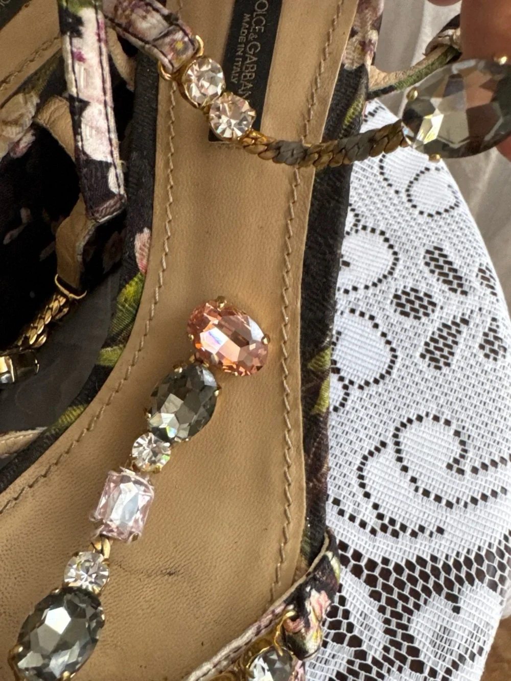 Dolce & Gabbana Black Floral Jeweled T-Strap Platform Sandal